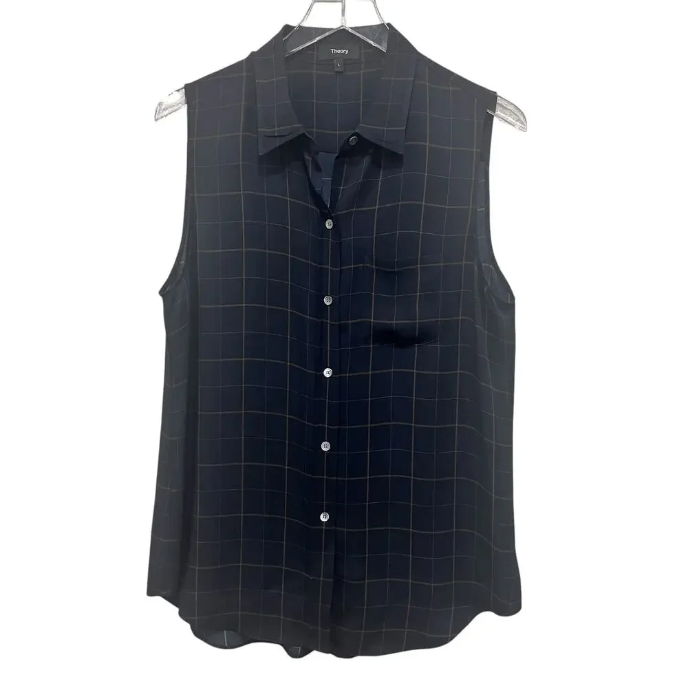 Theory Silk Blouse Tile Print Yarine Navy Blue Brown Sleeveless Size‎ L Academia